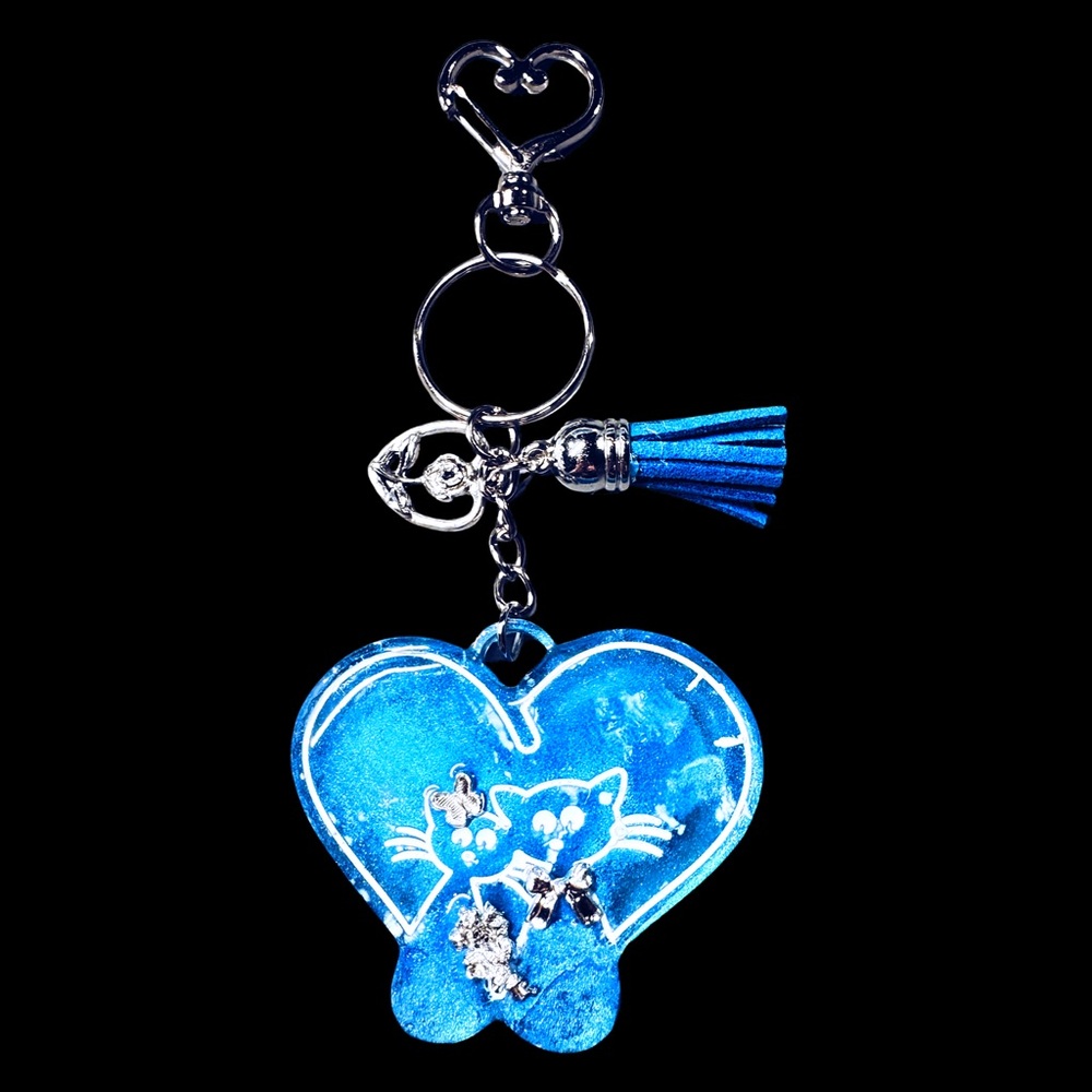 Blue Heart Cat Keychain with Tassel